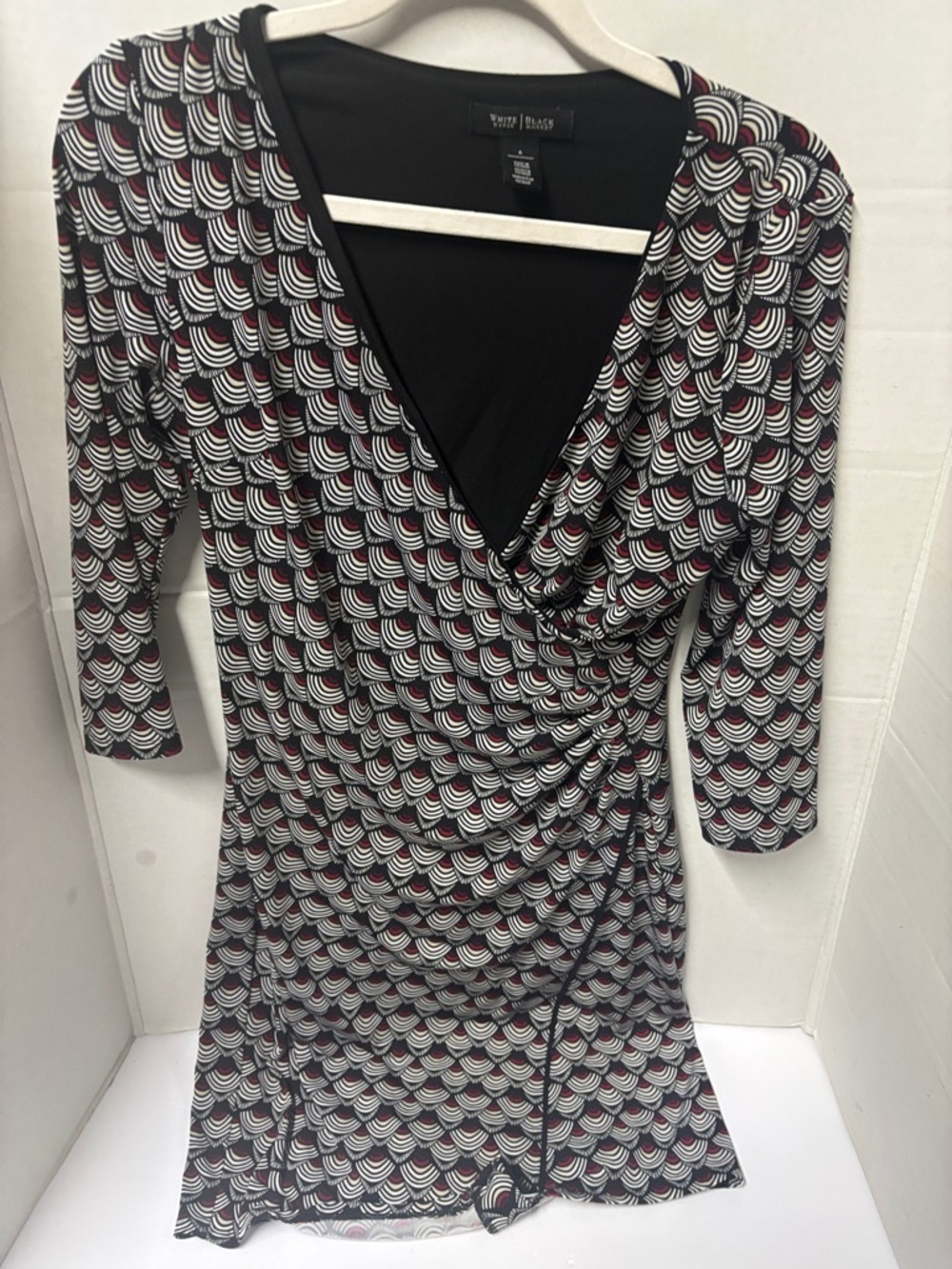 White House Black Market Black, White & Pink Faux-Wrap Long Sleeve Dress